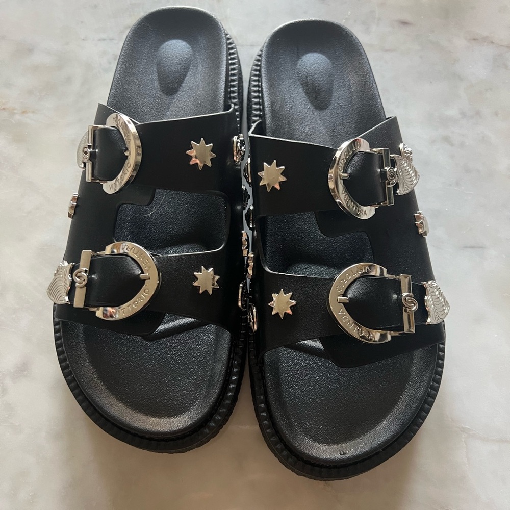 New! Black and Silver Rivet Slide Sandals Woman’s size 10